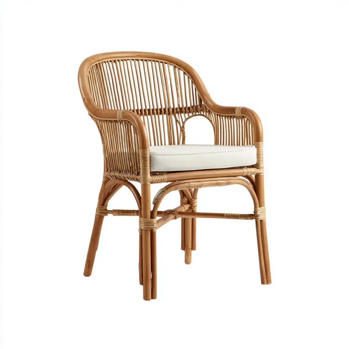 Sedia da giardino con braccioli in rattan naturale marrone chiaro con cuscino bianco 58 x 60 x 88 cm