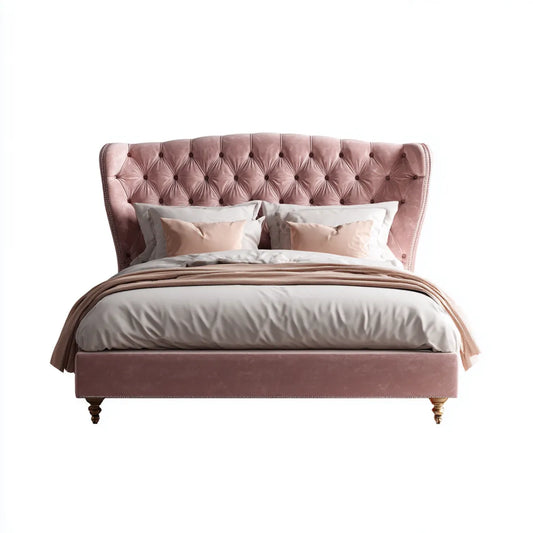 Letto matrimoniale rosa cipria 160 x 200 cm in velluto di poliestere con testiera imbottita rettangolare
