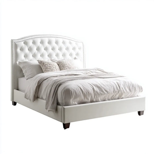 Letto matrimoniale imbottito bianco 160 x 200 cm in pelle sintetica PU rettangolare con testiera capitonné