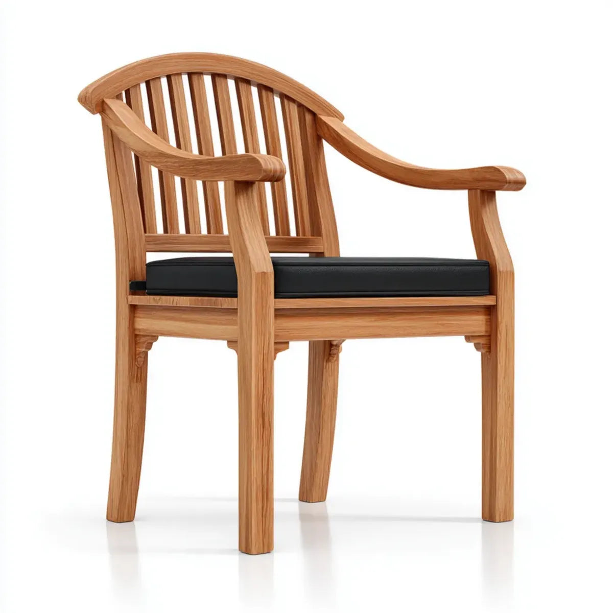 Sedia da pranzo da giardino con braccioli in legno massello di teak naturale con cuscino nero schienale curvo 60 x 65 x 90 cm