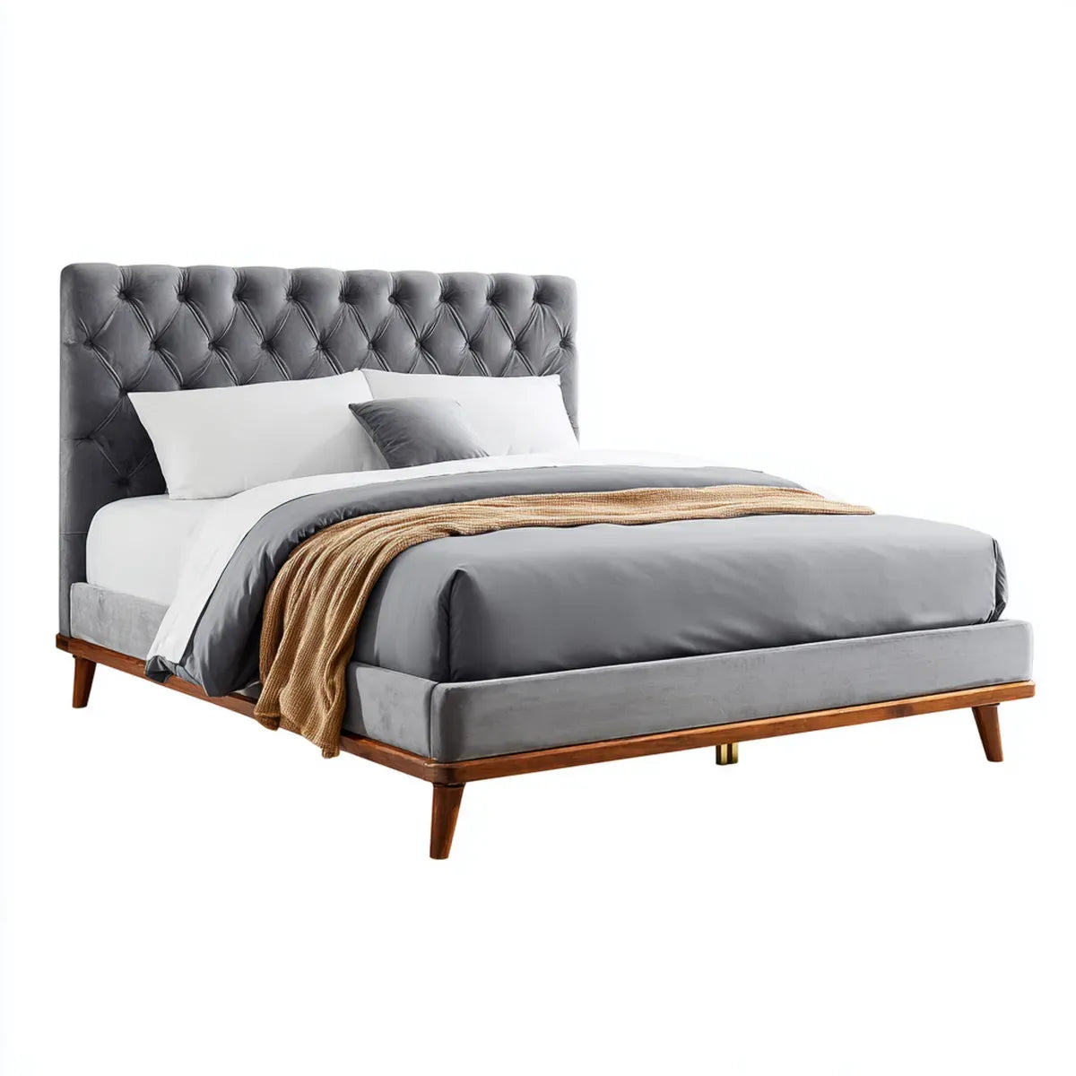 Letto matrimoniale imbottito grigio 160 x 200 cm in velluto di poliestere con testiera capitonné