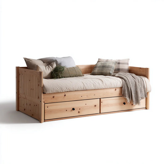 Letto singolo divano con 2 cassetti pino naturale in pino massello rettangolare 90 x 200 cm